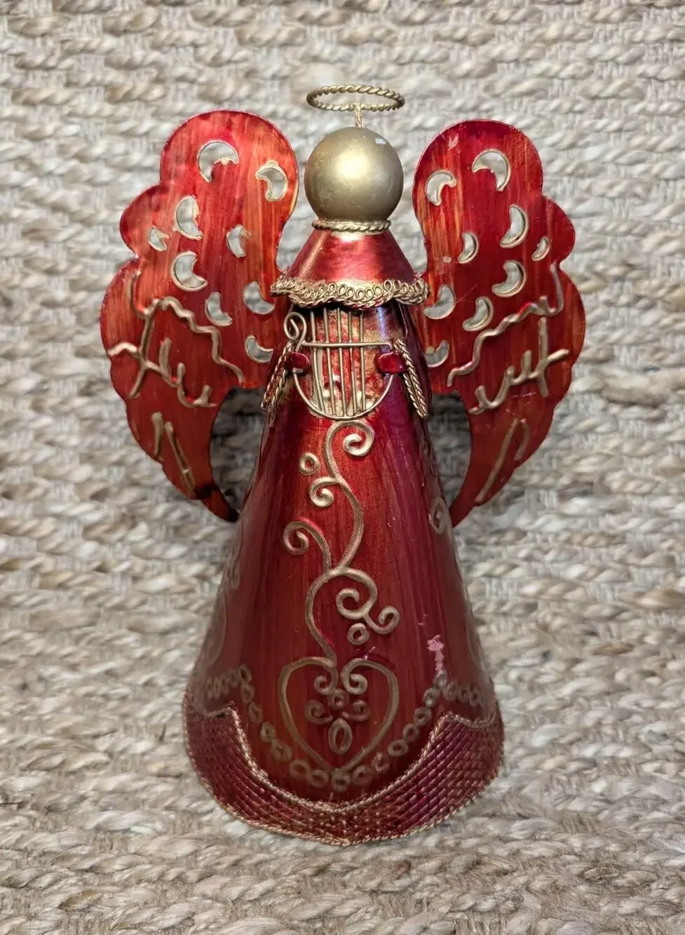 Christmas Red Metal Angel Playing Harp Instrument Gold Holiday Tabletop Decor